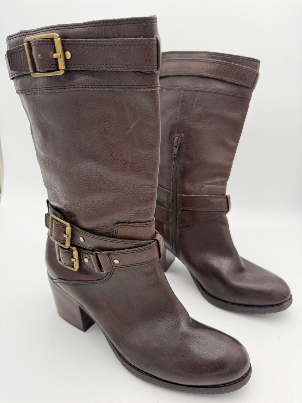 Vintage Jessica Simpson Women Brown Leather Mid-Calf Buckle Boots 10M goth Y2K